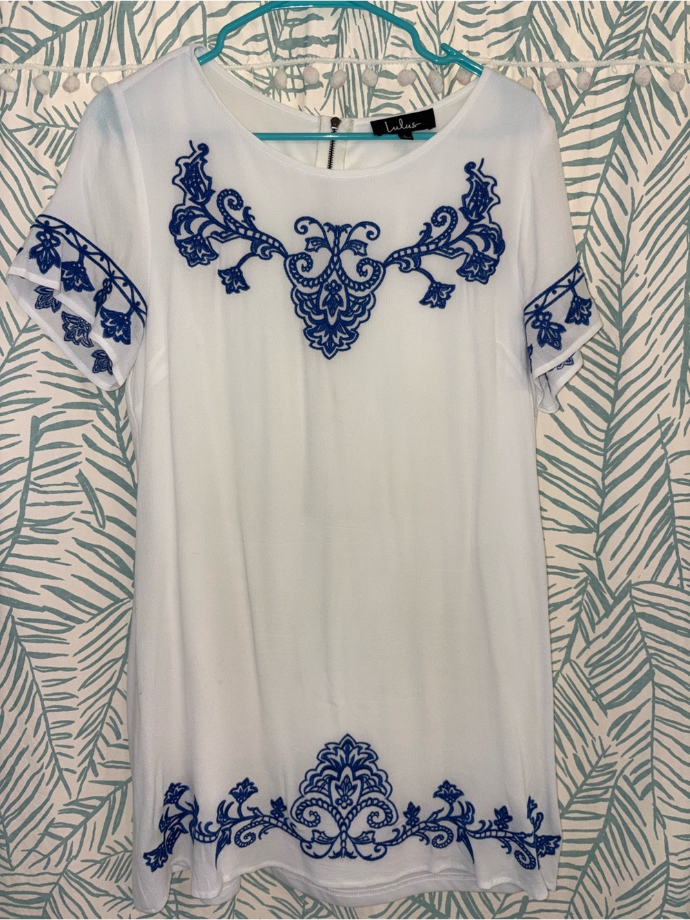 Lulu's White Tunic Top with Blue Embroidered Trim